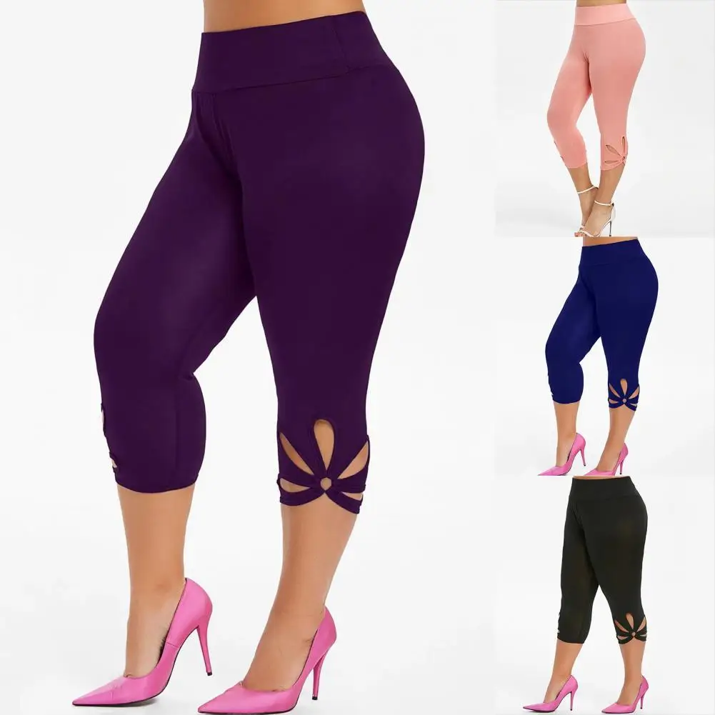 

Sporty Casual Ladies Hollow Out Solid Color Capri Pants Bottoms Cropped Trousers Solid Color for Yoga