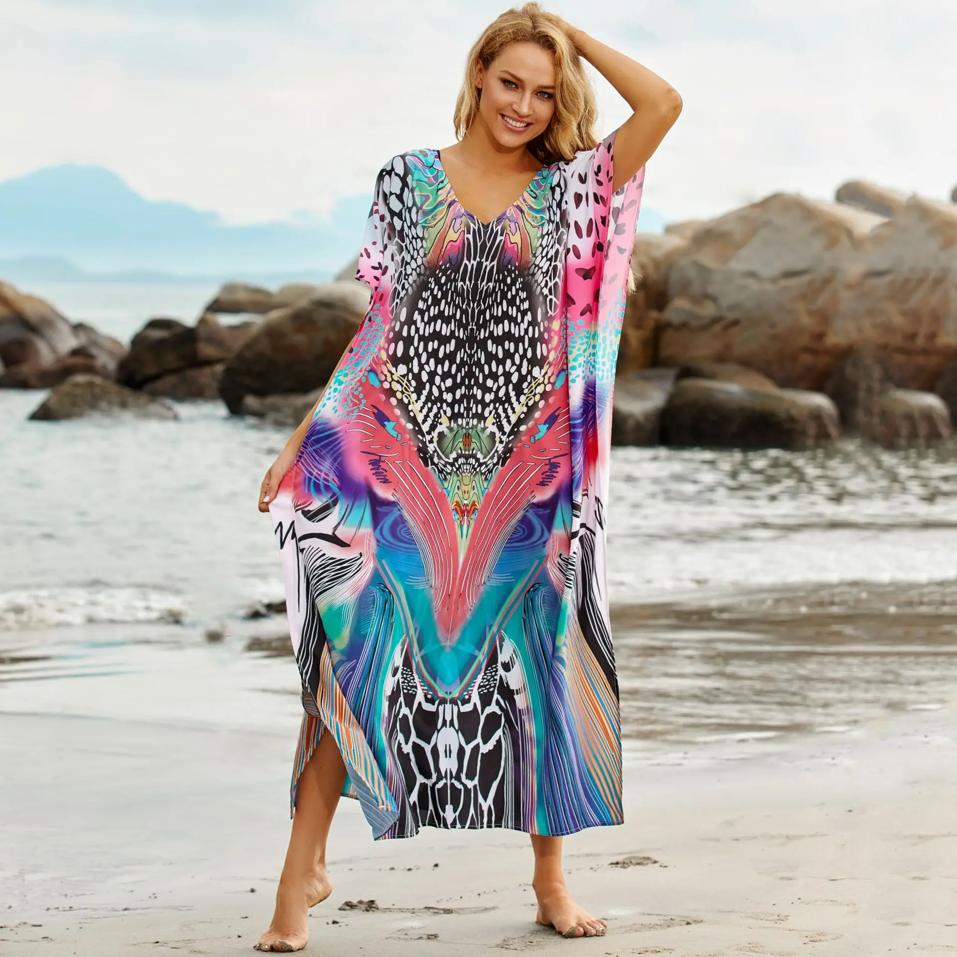 New Beach Cover Up Seaside Vacation Maxi Dress Polyester Positioning Print Robe Multi-Color Shirt Leopard Point Bikini Swimsuit