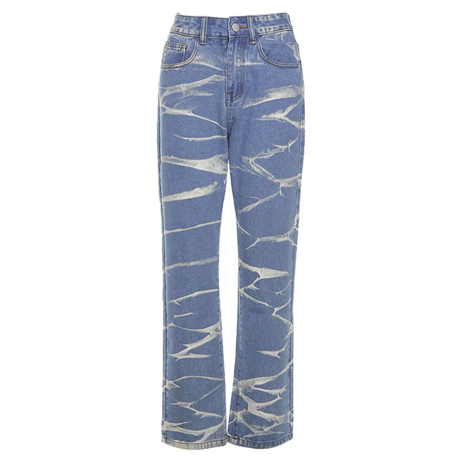 

Women Casual Long Jeans, Blue Stripe Printed Pattern Straight-leg High Waist Pants
