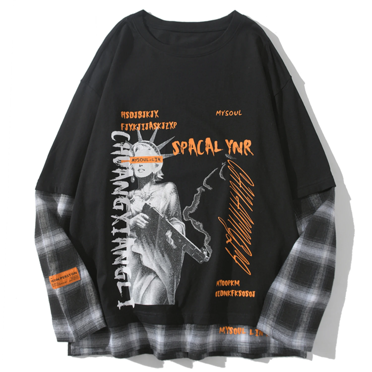 Модный клетчатый свитшот в стиле пэчворк с принтом богини свободы Свитшот хип