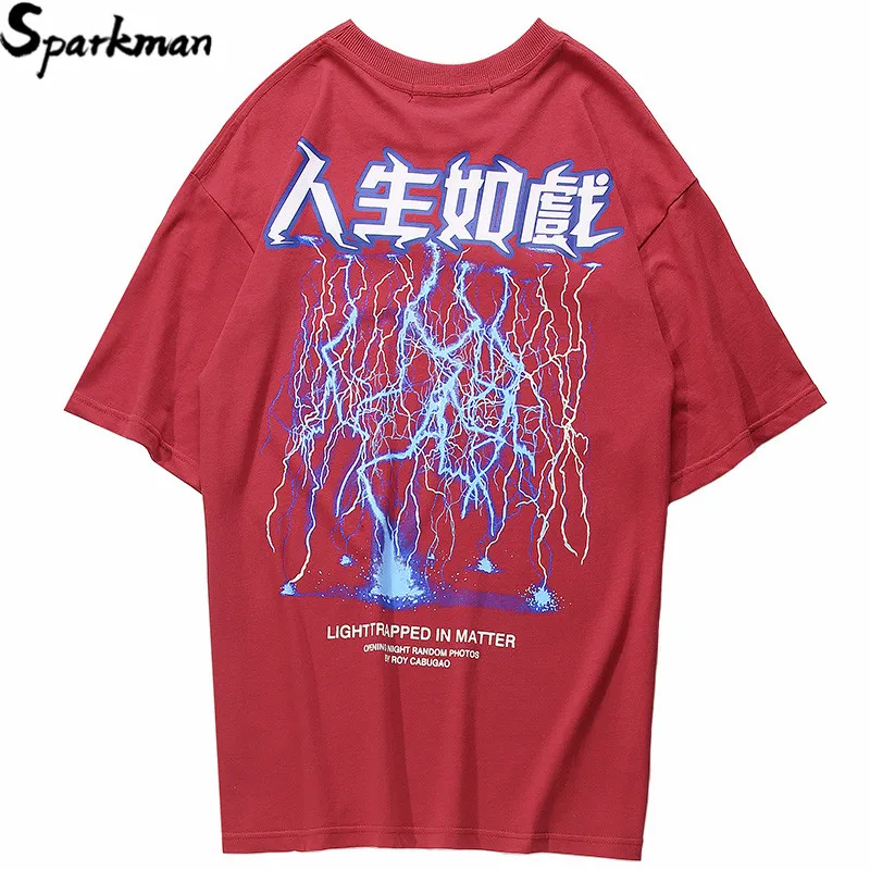 Men Hip Hop T Shirt Lightning Print T-Shirt Streetwear Chinese Letter Tshirt Oversized Harajuku Summer Tops Tees Cotton New