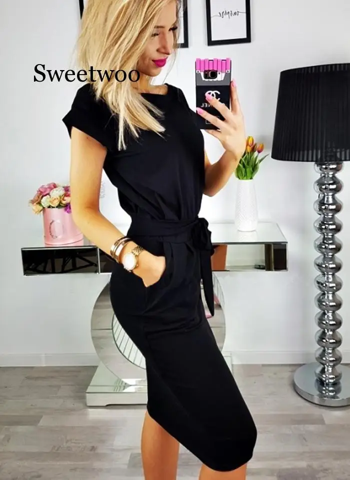 

Summer fashion romantic retro dress ladies casual solid color O-neck dress casual street bowknot belt dress ladies belt sleep