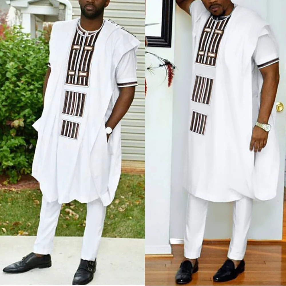 

H&D 2021 African Boubou Men Agbada 3 pieces Set Dashiki Mens Shirt Pants Suit Embroidered Clothes Wedding Tops Pants Suit PH3058