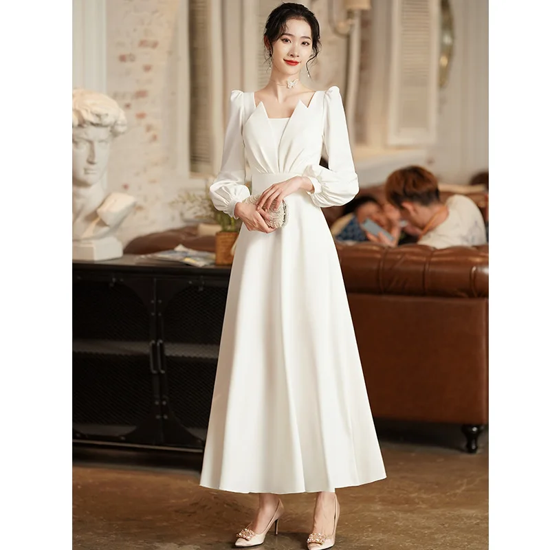 White Elegant French Lantern Sleeve Satin Evening Dress Back Zipper Prom Bow Gowns Cheongsam Robe De Soiree Vestidos