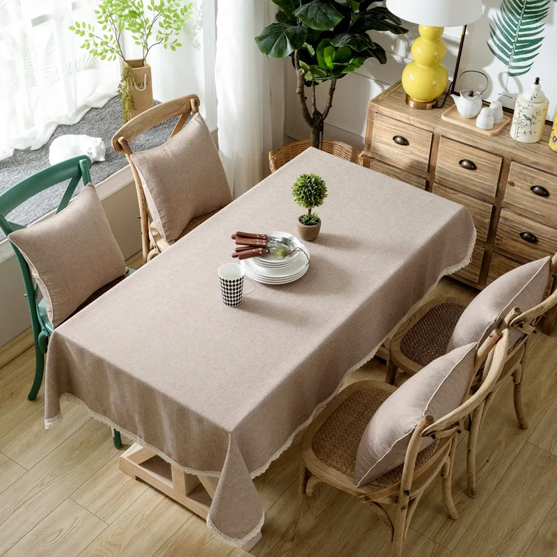 

Solid Color Linen Tablecloth With Lace Edge Waterproof Oilproof Thick Rectangular Wedding Dining Table Cover Tea Table Cloth