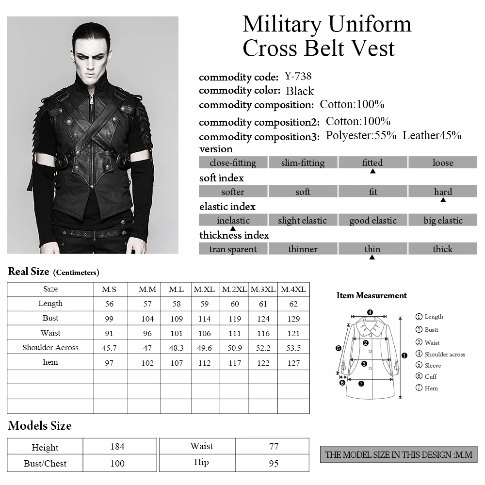 

PUNKRAVE Men's Military Uniform Cross Belt Vest Retro Handsome Sleeveless Stand Collar Waistcoat