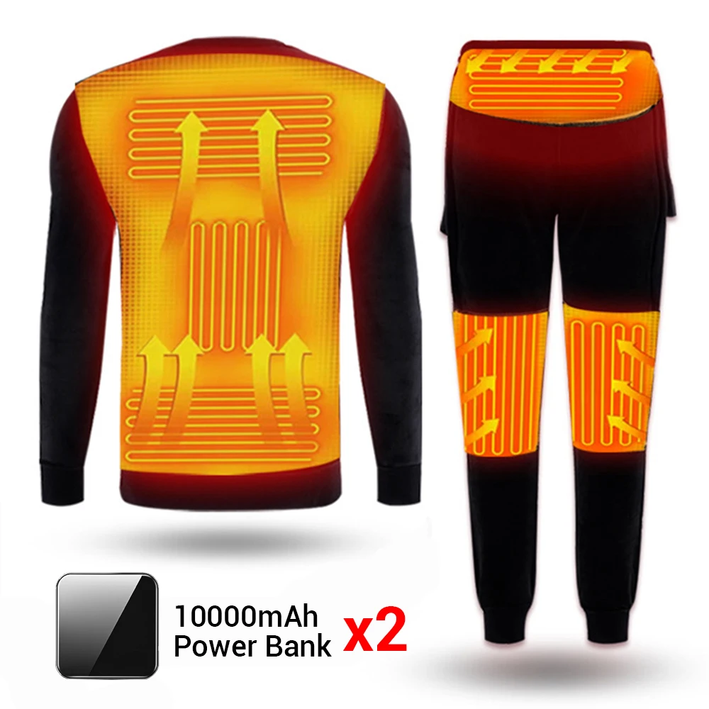Black Suit Battery HEROBIKER/комплект зимнего термобелья на флисовой подкладке для мотоцикла, катания на лыжах, USB, подштанники с электрическим подогревом, футболки и штаны - Цвет: Black Suit Battery