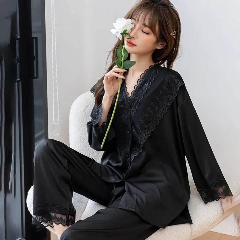 

Новинка весна-осень, одежда для отдыха, повседневная одежда для сна, Женская атласная рубашка и брюки, комплект пижам, мягкая Пижама, домашня...