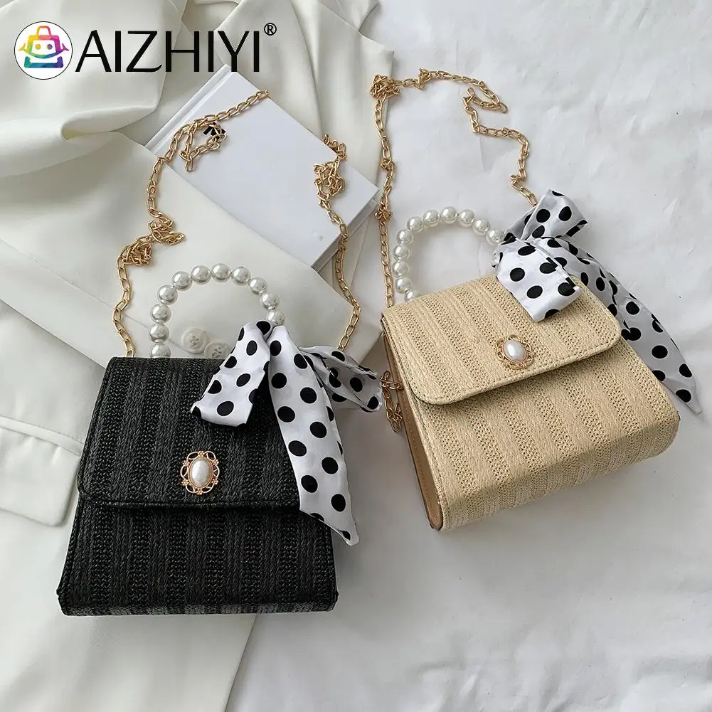 

Women Woven Bag Pearl Chain Mini Flap Shoulder Crossbody Ladies Summer Handbags Elegant Ladies Plain Woven Handbags