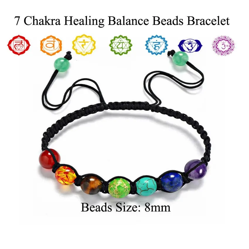 Amazon Горячая Chakras каменный браслет Радуга Красочные Йога энергии браслет с камнями Браслеты для женщин и мужчин