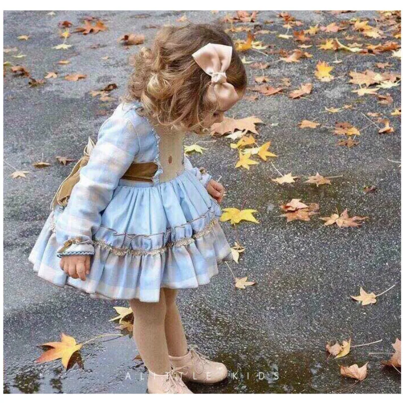 2020new Spanish Court Spring Summer Child Skirt Heavy Work Blue Lattice Girl Dress Birthday Princess Flower Dresses | Детская одежда и