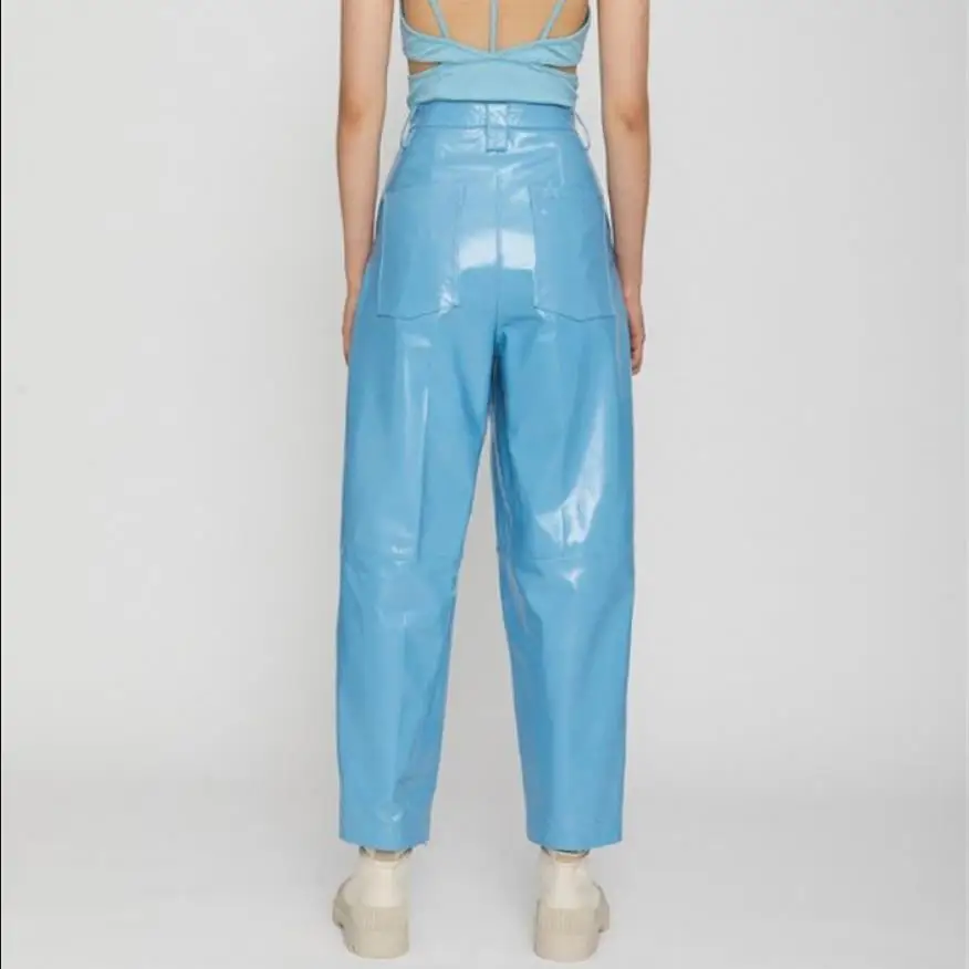 Модные брендовые синие глянцевые брюки из лакированной искусственной кожи на