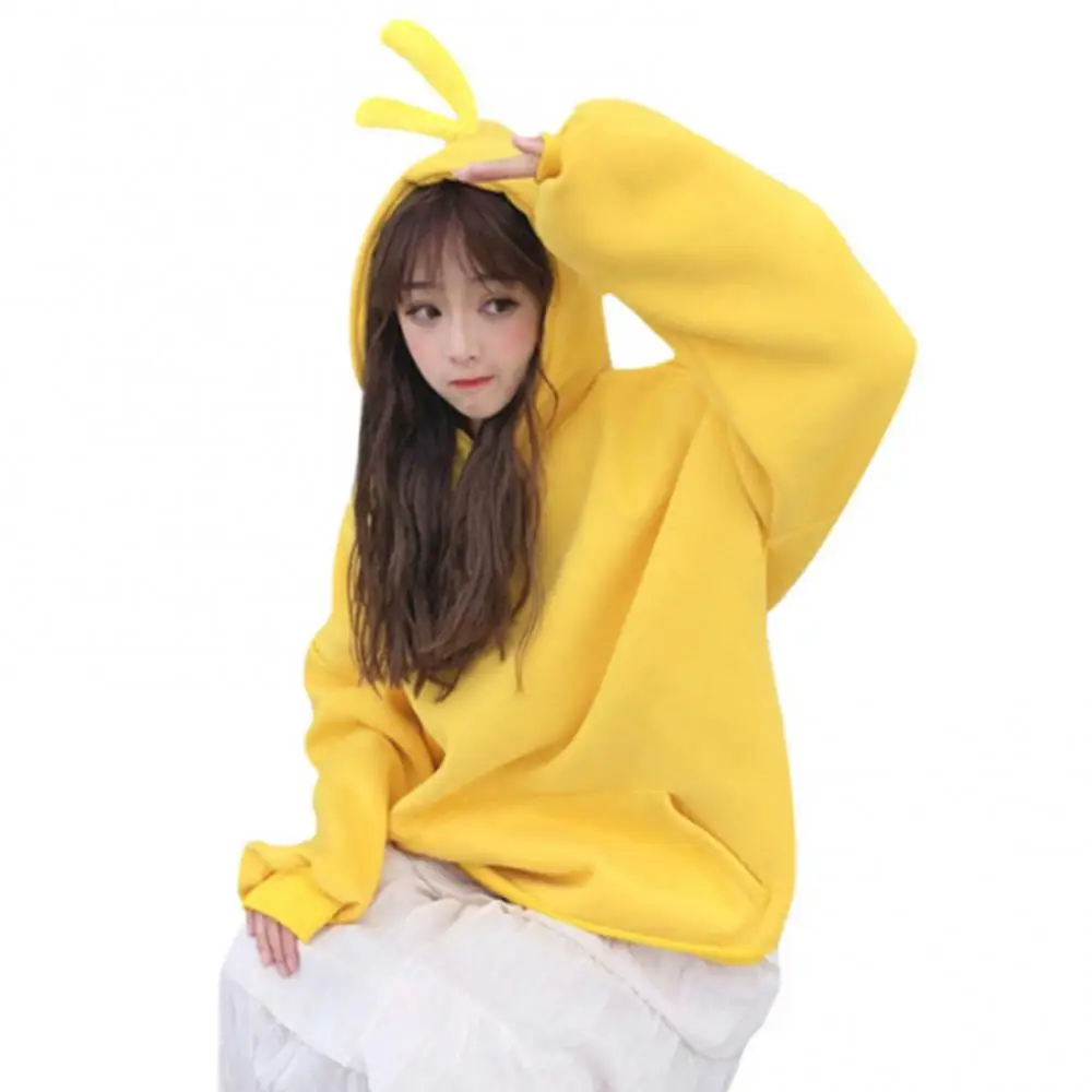 Women Cartoon Hood Long Sleeve Solid Color Hoodie Autumn Winter Plush Sweatshirt Plush Sweatshirt