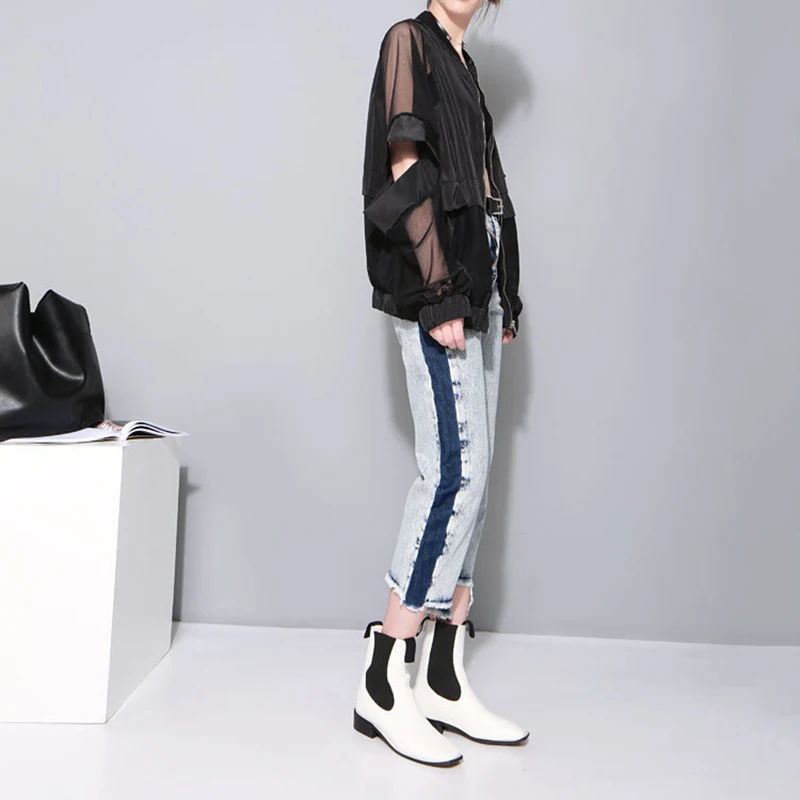 [EAM] 2021 Новинка весна осень воротник стойка длинный рукав черный тонкий полый