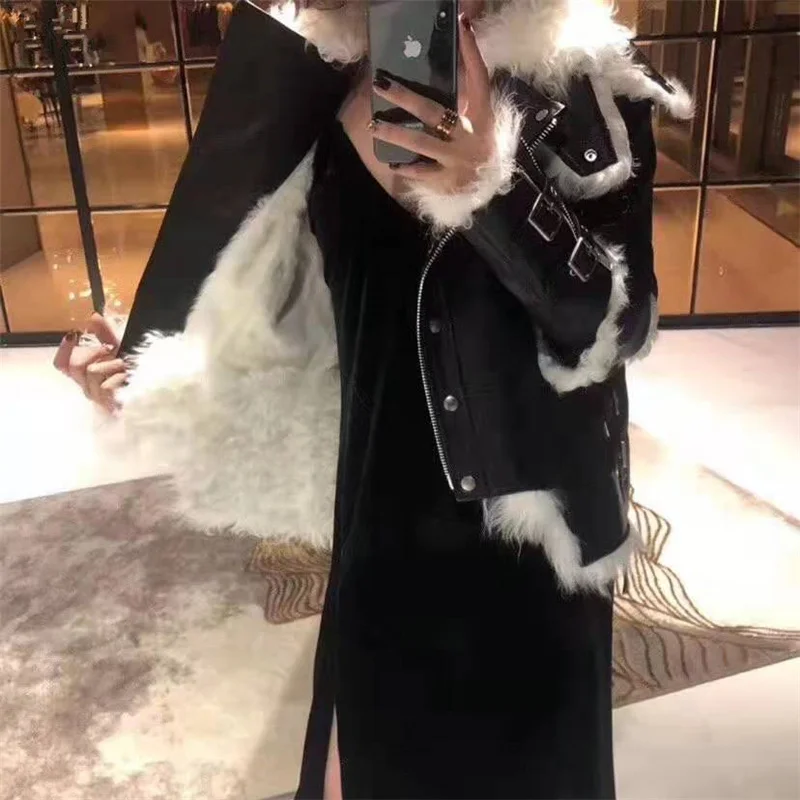 

one natural sheep fur 2020 leather leather clothing female motorcycle clothing fur white liner knight wind thin jacket