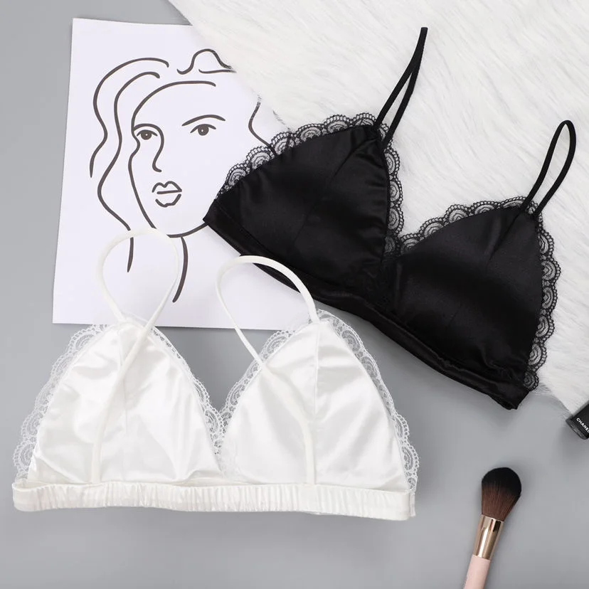 

European and American slender sexy girl's small chest underwear without steel ring silk slip feel bikini lovely sweet suit