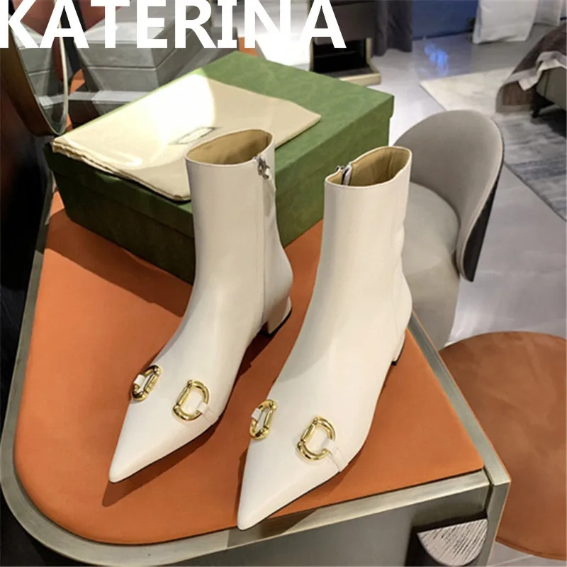 

Gold Chain Pointy Toe Sexy Women Real Leather Ankle Boots Fashion Chunky Heel Winter Boots Daily Black Booty Side Zip Brand New
