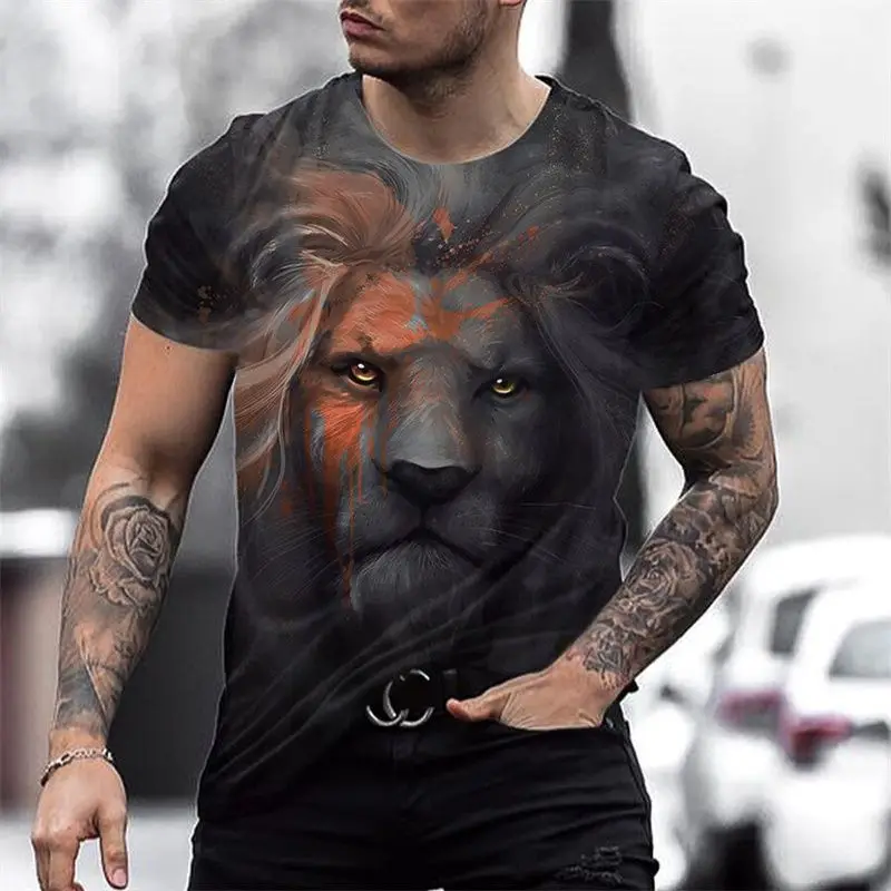 

Pure cotton retro short-sleeved men's T-shirt fashion Harajuku clothes animal print oversized summer new style