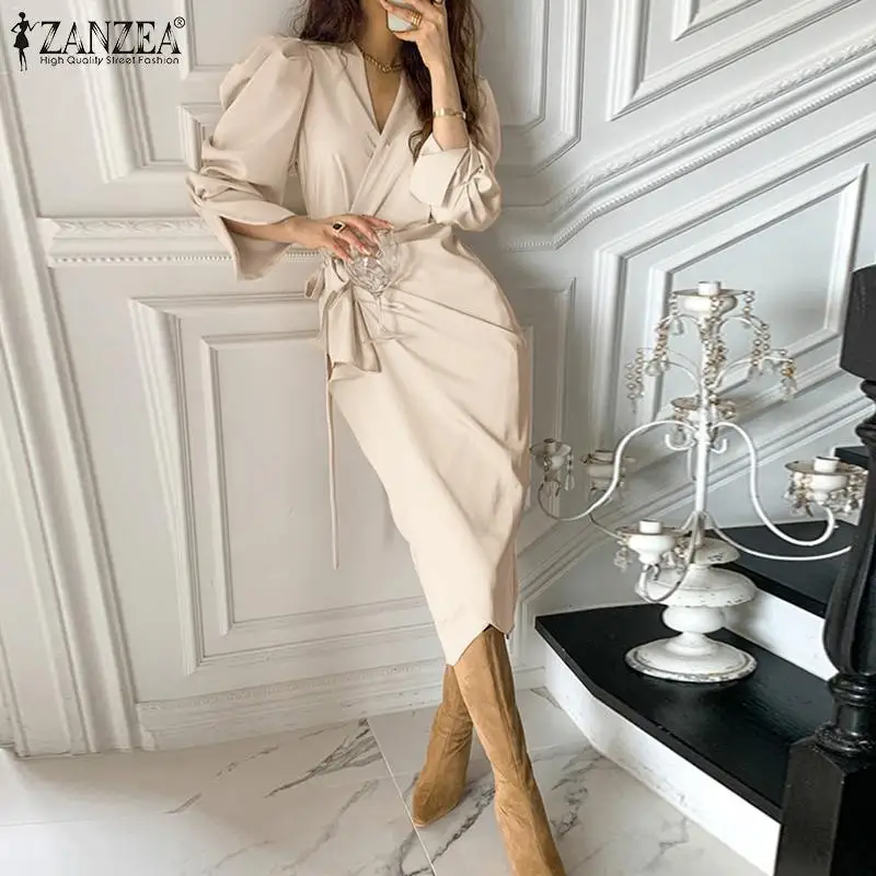 

ZANZEA Elegant Office Lady Dress Fashion Women V Neck Long Sleeve Sundress Casual Lace Up Split Hem Work Vestidos
