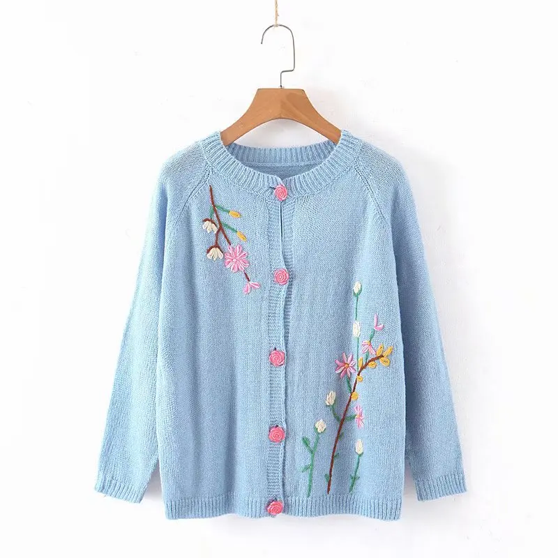 Star firefly ladies knit cardigan 2019 autumn hand-embroidered small flower Slim casual sweater for sweet girl |
