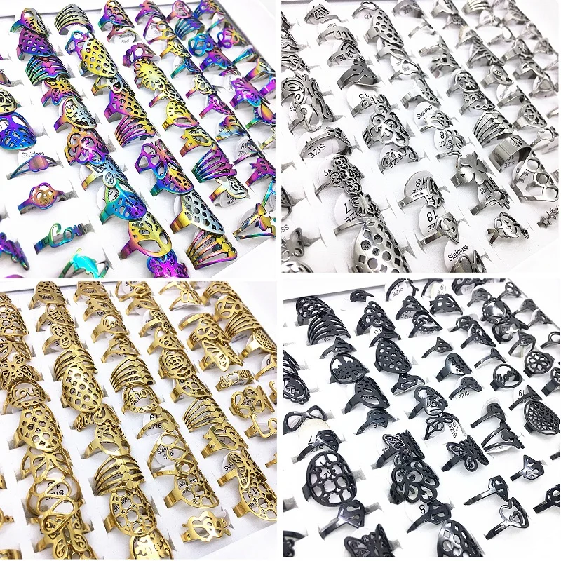 

Wholesale 100pcs Women Fashion Laser Cut Stainless Steel Rings Jewelry Finger Party Gifts Silver/Black/Gold/Multicolor Plated