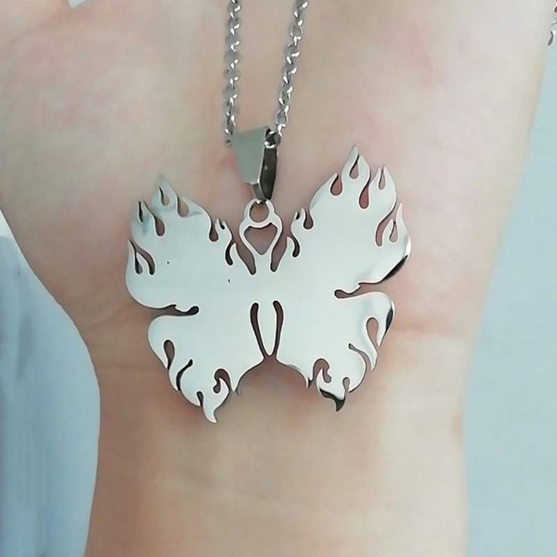 

Flame Butterfly Pendant Necklace Hip-Hop Rock Stainless Steel Chain Jewelry Gift 45BC
