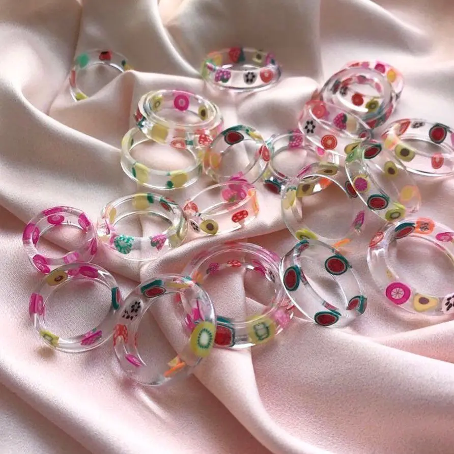 

20PCS, Fashion Colorful Transparent Fruit Pattern Resin Rings Women Geometric Round Lemon Strawberry Ring Jewelry Party Gifts