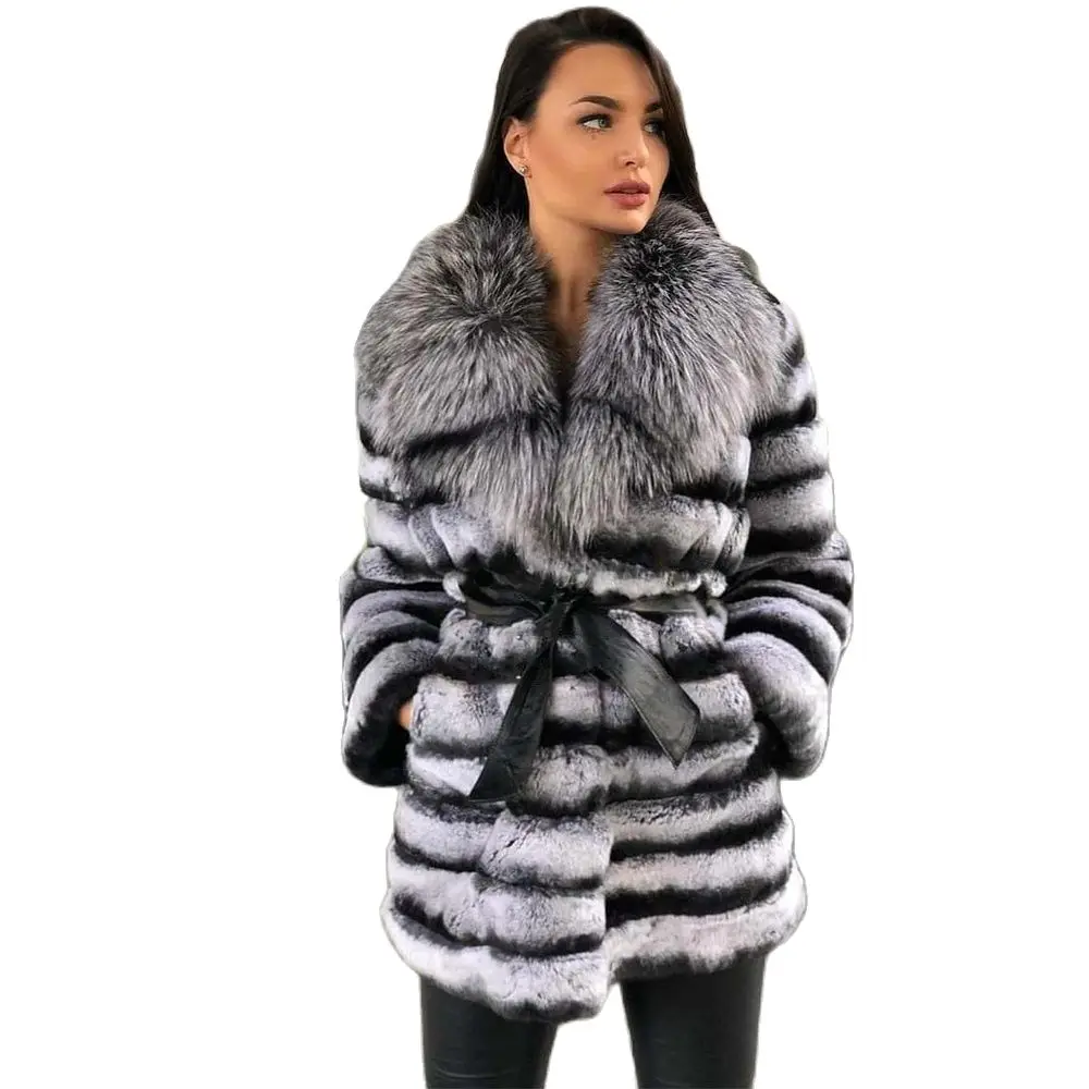 Medium Length Real Rex Rabbit Fur Coat with Silver Fox Fur Turn-down Collar Natural Rex Rabbit Fur Jacket with Leather Belts