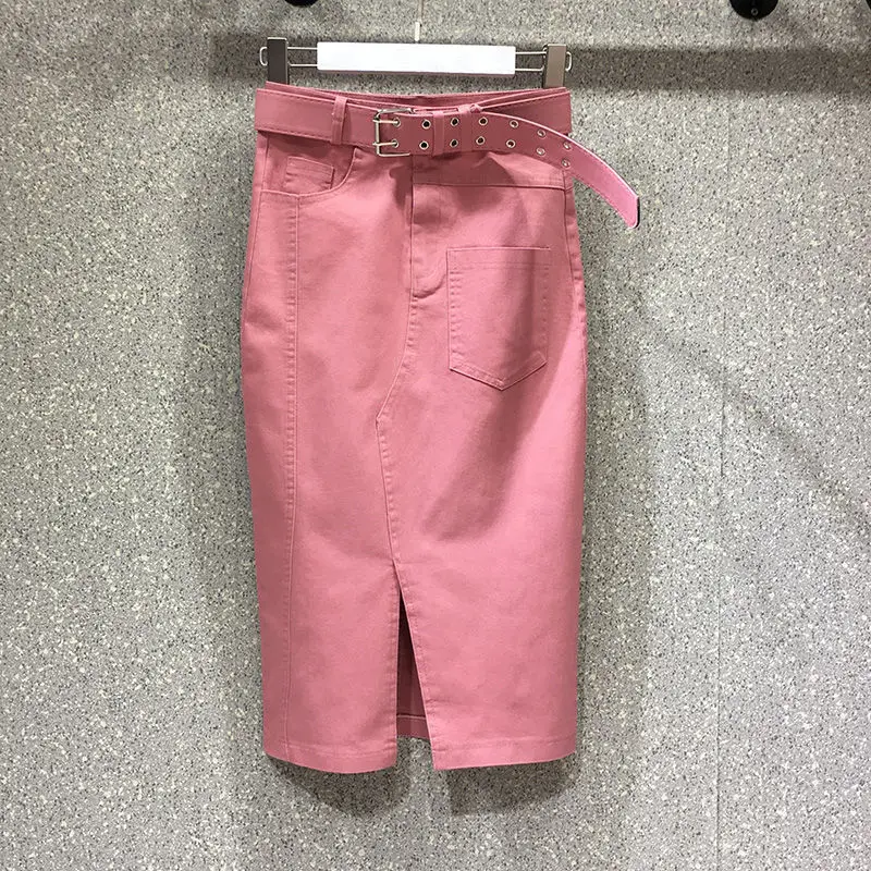 2021 Spring Summer Skirt New Denim Sheath Wrap Solid Black Pink High Waist Sashes Pencil Midi Casual Front Split Skirts YM198