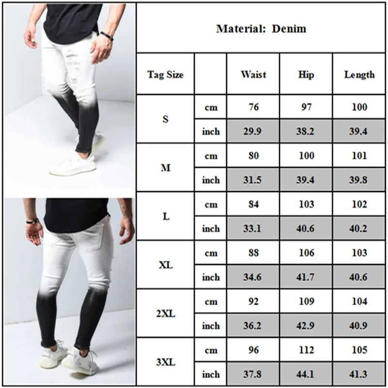 

Fashion Men's Skinny Stretch Ripped Male Jeans Slim Fit Denim Trousers Streetwear Gradient White Black Skinny Jeans Men#r