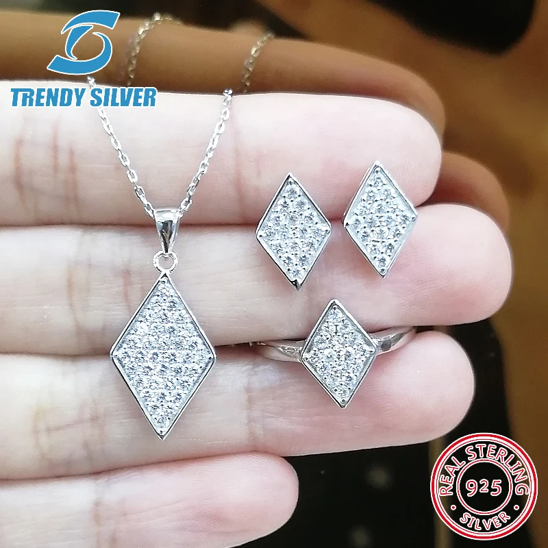 

complete pure 925 sterling silver zirconia clear CZ luxury jewelry set ring earrings for woman pendant necklace trendy design