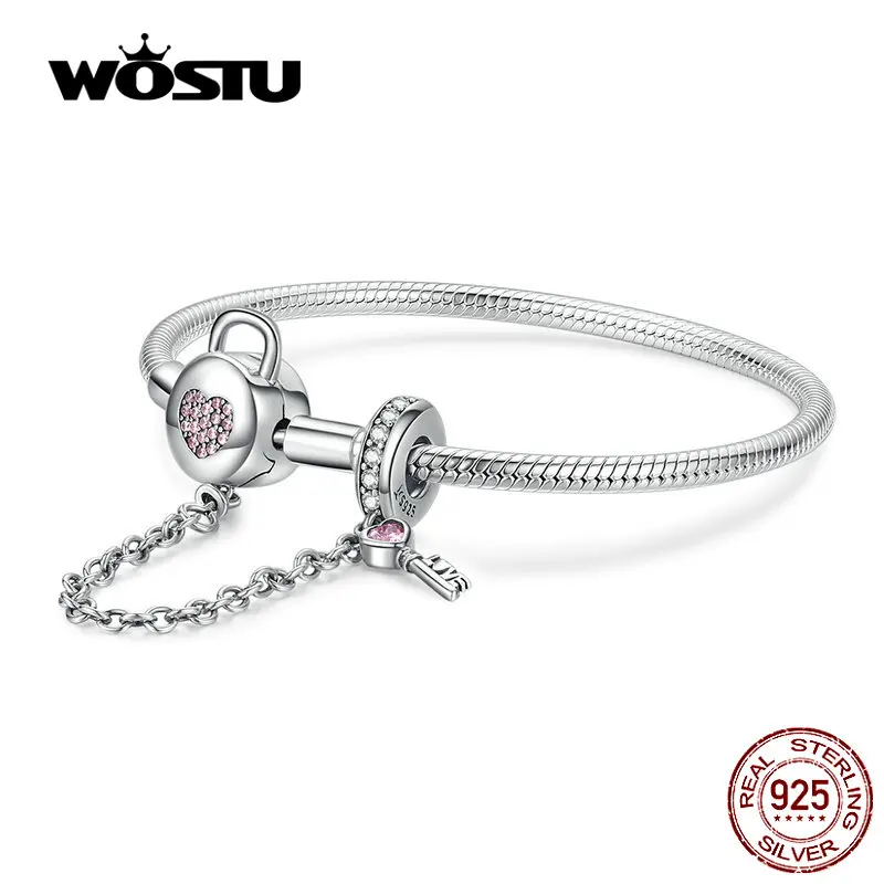 WOSTU,, 925 пробы, Серебряное сердце, брелок, браслеты, розовый циркон, шарм, браслет для женщин, серебро, 925, ювелирное изделие, CQB143