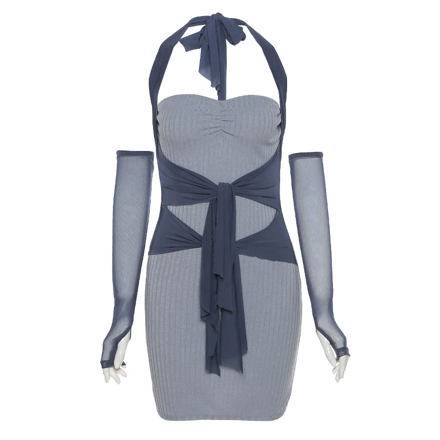 

Summer Fashion Patchwork Slim Halter Dress Women Knitting Street Casual Dress Blue Lace Up Bodycon Mini Dress Lady 2021