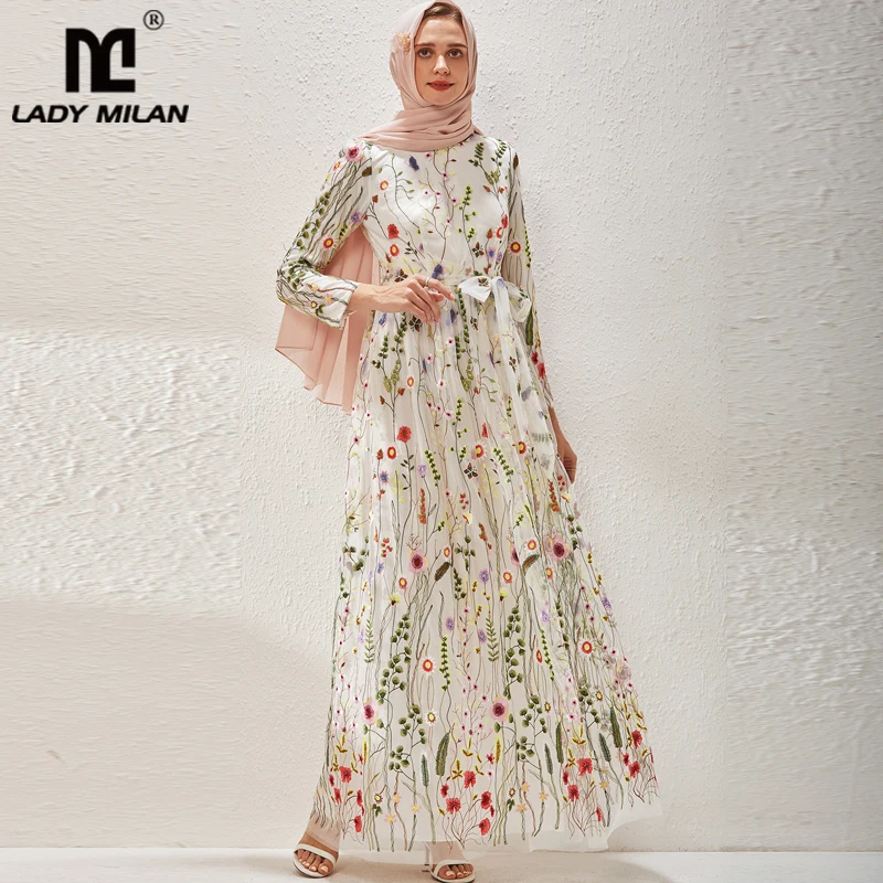 

Женское модельное платье с круглым вырезом и длинным рукавом, Элегантные дизайнерские платья макси с поясом и вышивкой, платья