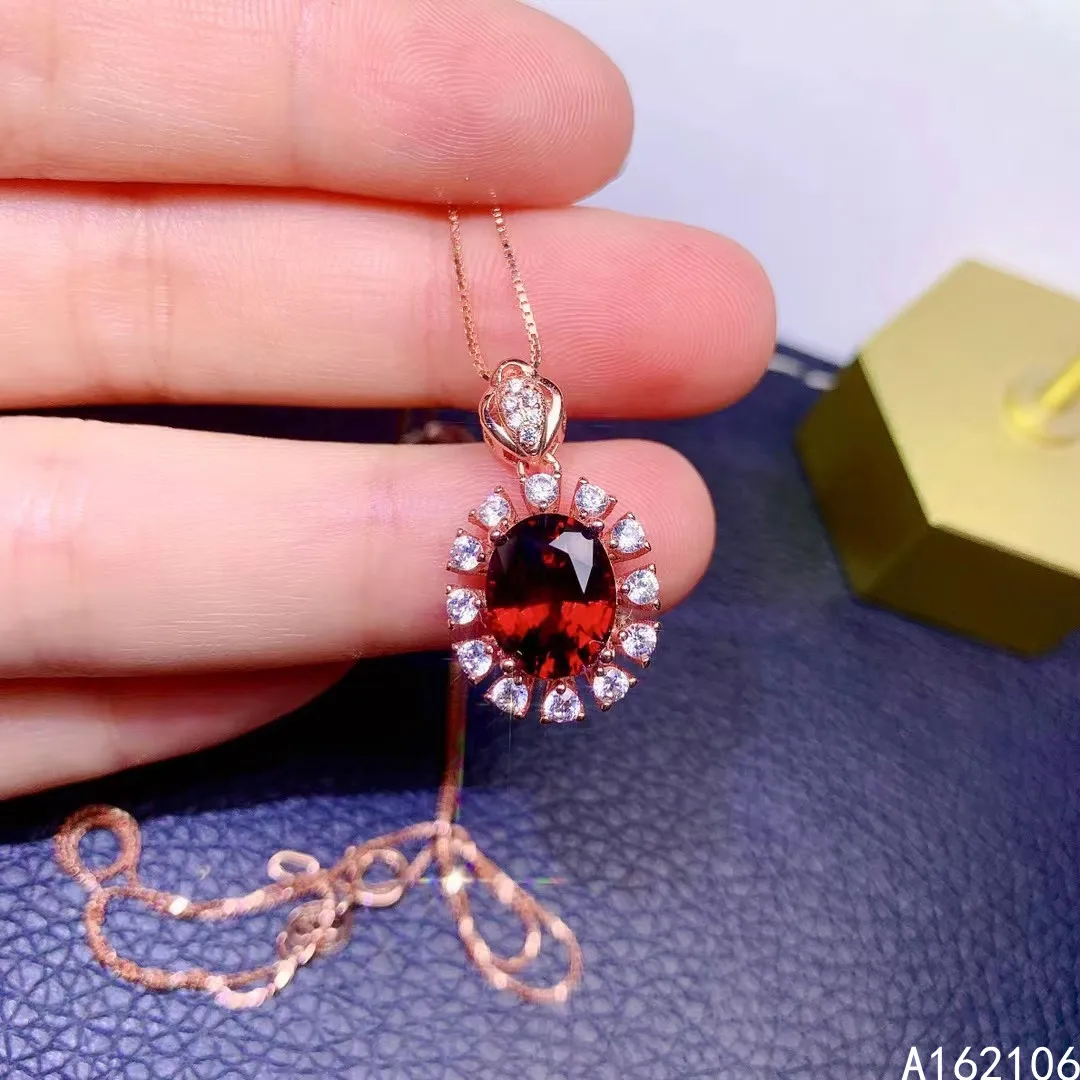 

Fine Jewelry 925 Pure Silver Inlaid Natural Garnet Girl Luxury Fashion Flower Chinese Style Gem Pendant Necklace Support Detecti