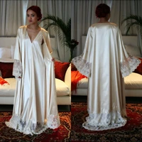 two pieces champagne party robe lace trimmed sleeve wedding sleepwear bridal lingerie dressing gown kimono robe nightgown