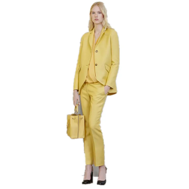 

new Fashion Women Business Suits Yellow Ladies Elegant Pants Suit Casual Female Office Uniform Slim OL 2 Pieces Sets Custom Made