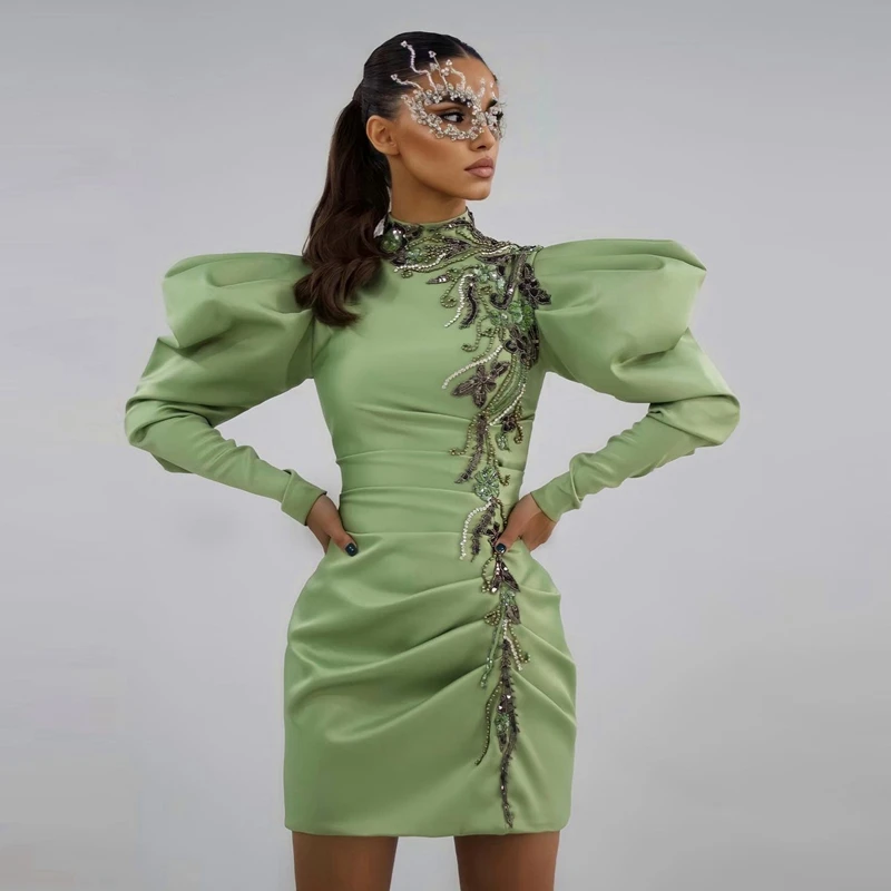 

High Neck Mini Dress Long Sleee Satin Dress Applique Dress Sequins Beaded Bodycon Dress Women's Evening Dress Green Party Dress