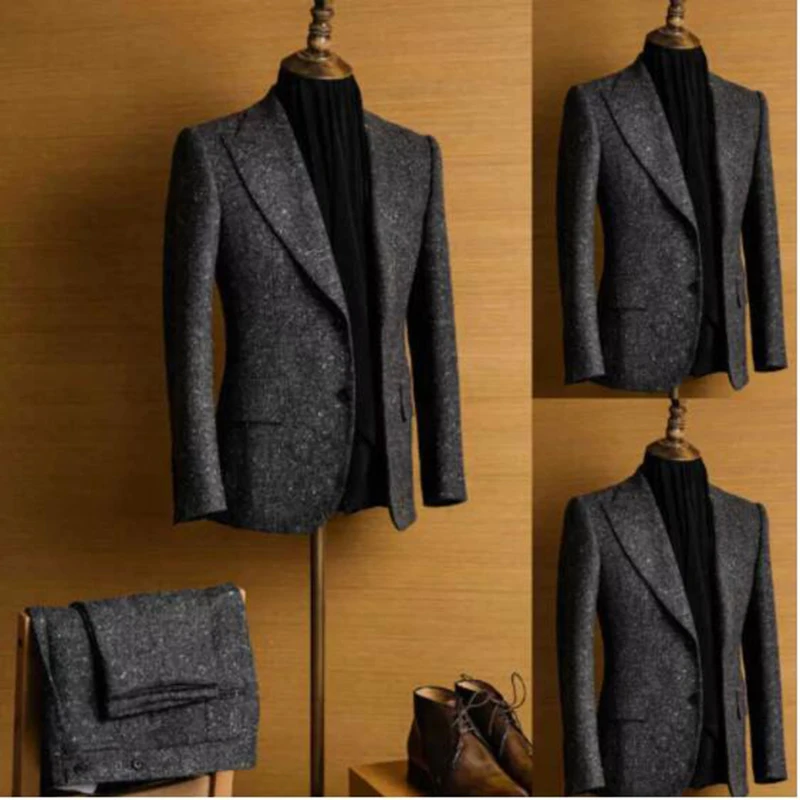 Men's 2-Piece Suit Winter Tweed Lapel Dark Gray Conventional Wool Two-Button Blend Retro Tailored Fit