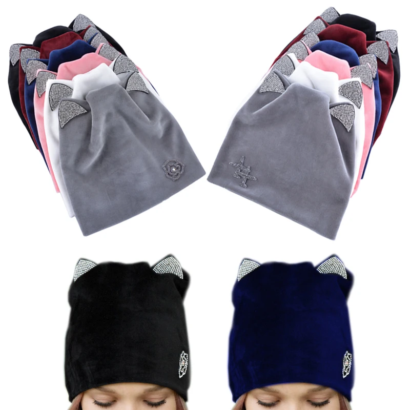 

Cute Cat Ears Winter Velvet Hat Butterfly Airplane Exquisite Bowknot Fashion Beanie Cap For Women Elasticity Warm 1PC 2020 New