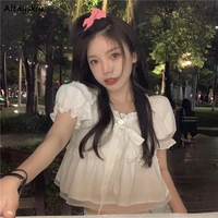 blouse women summer white lovely sweet maiden edible tree fungus tops lady korean preppy style all match loose puff sleeve crop