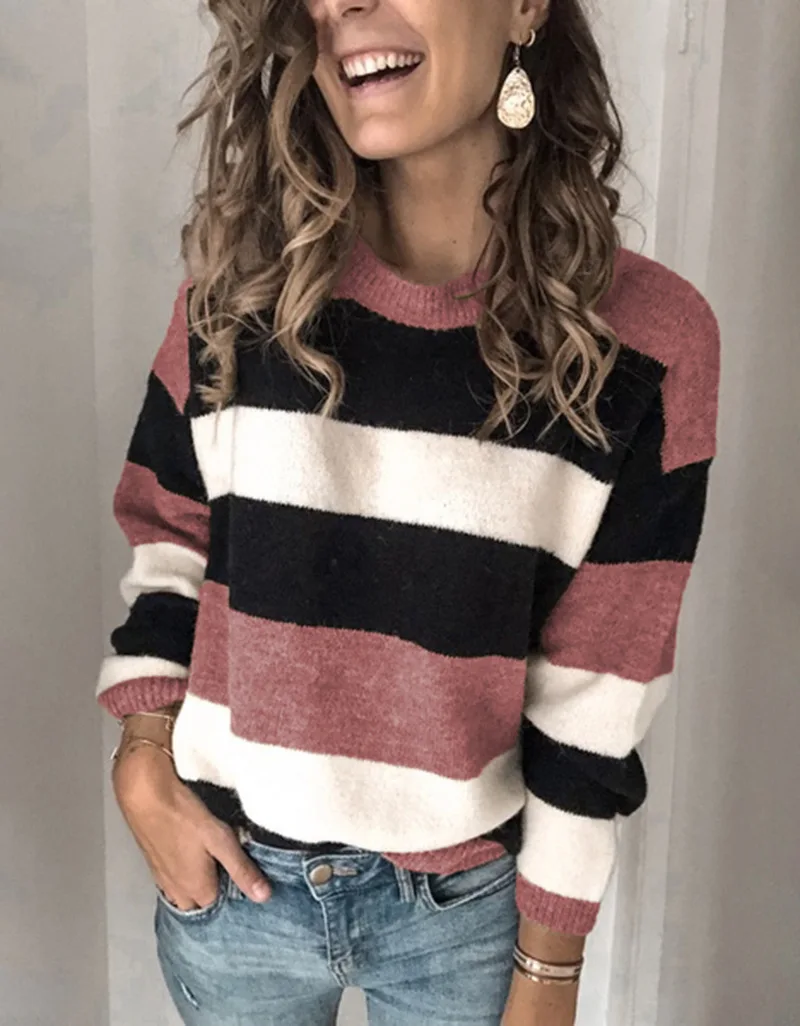 

Winter Long Sleeve Sweaters Women Casual O-neck Stripe Stitching Knitt Pullover Plus Size Loose Women Clothes Knitwear Women Top