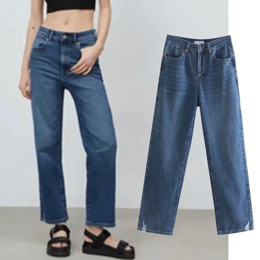 

Увядшие винтажные женские джинсы Mom, уличные синие джинсы средней посадки, рваные джинсы для женщин, прямые джинсы для женщин