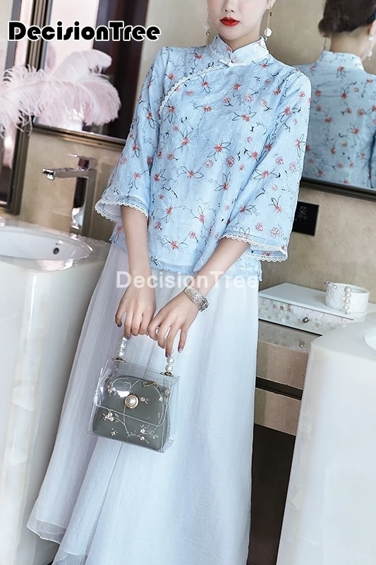 

2021 womens popular printing restore ancient shirt chinese traditional tops qipao cheongsam style shirt blouse cotton linen top