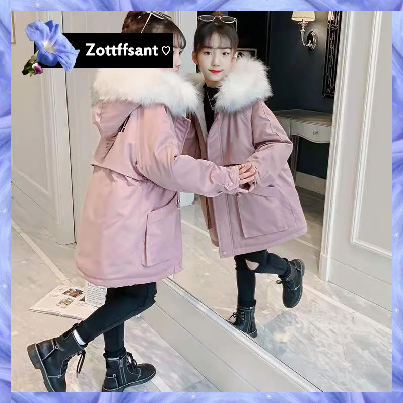 

Big girls Children's Winter Big Fur Collar Jacket For Girls Warm Hooded Cotton Thick Padded Long Parkas Coat Kids Clothes 10 12