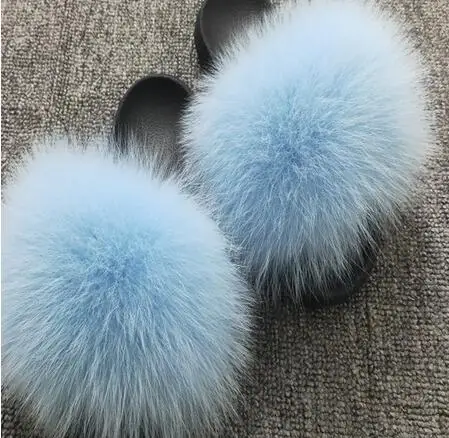 light Blue Тапочки унисекс с натуральным лисьим мехом; женские сандалии с мехом; женские меховые шлепанцы; женская пушистая домашняя обувь на плоской подошве; женские кроссовки; Лидер продаж - Цвет: light Blue