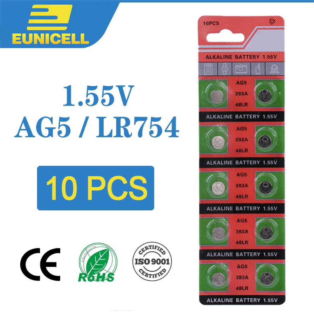 10 шт. щелочные батарейки AG5 LR754 1 55 в 393 SR754 193 393A 48LR G5A AG 5|Часовые батарейки| |