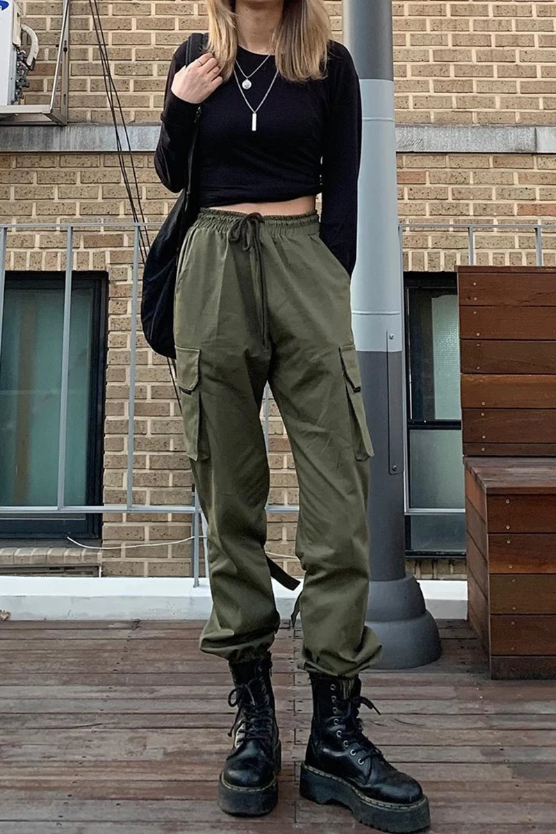

European and American style drawstring high waist pocket overalls women's drawstring feet are thin and casual all-match trousers