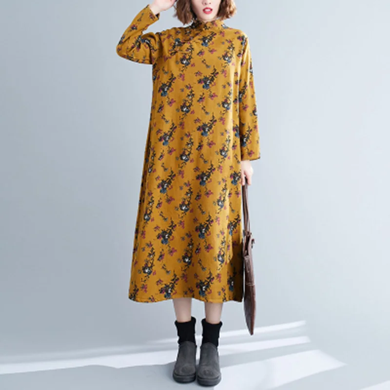 

Женское свободное платье до середины икры, Повседневное платье из хлопка и льна с длинным рукавом и воротником-стойкой, утепленное Платье с ...