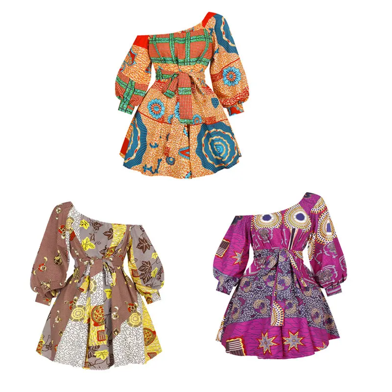 

Summer African Women's Dress Slanted Shoulder Belt Algeria Angola Ankara Benin Colorful Printed Fashion Girls 2021 New Dashiki